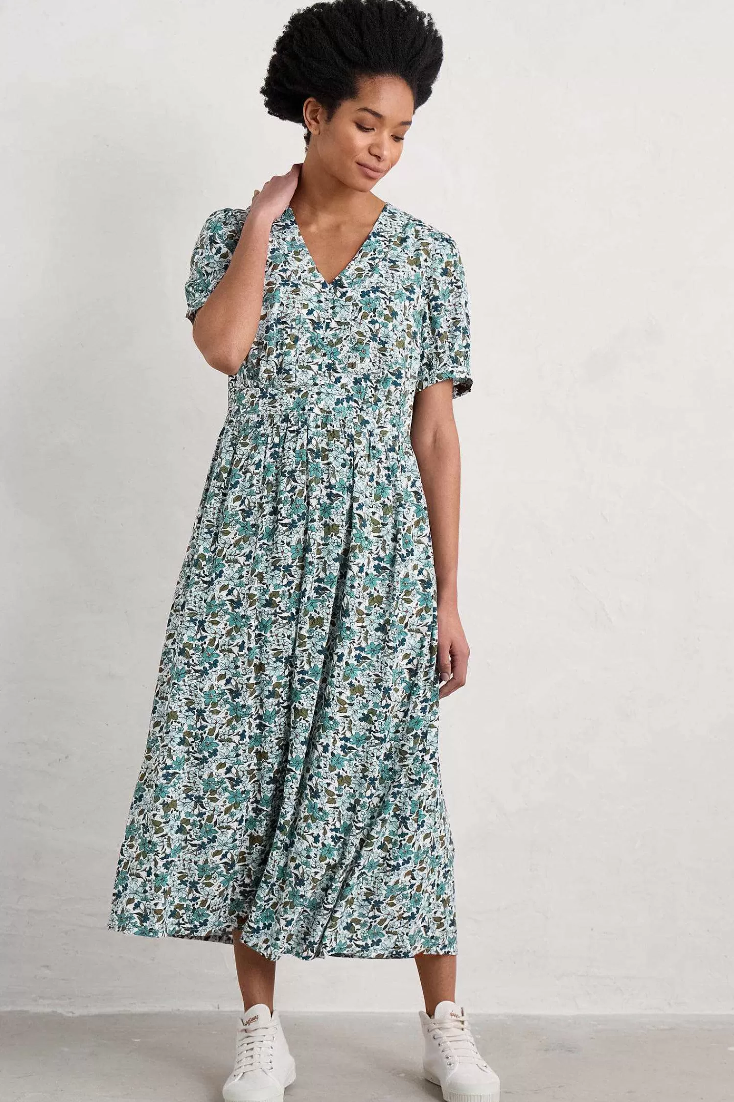 Abito Midi Elegante Donna con Scollo a Tè - Foglie di Betulla di Seasalt Cornwall, Confezionato in Cotone Sostenibile per un Look Bohemien Autentico