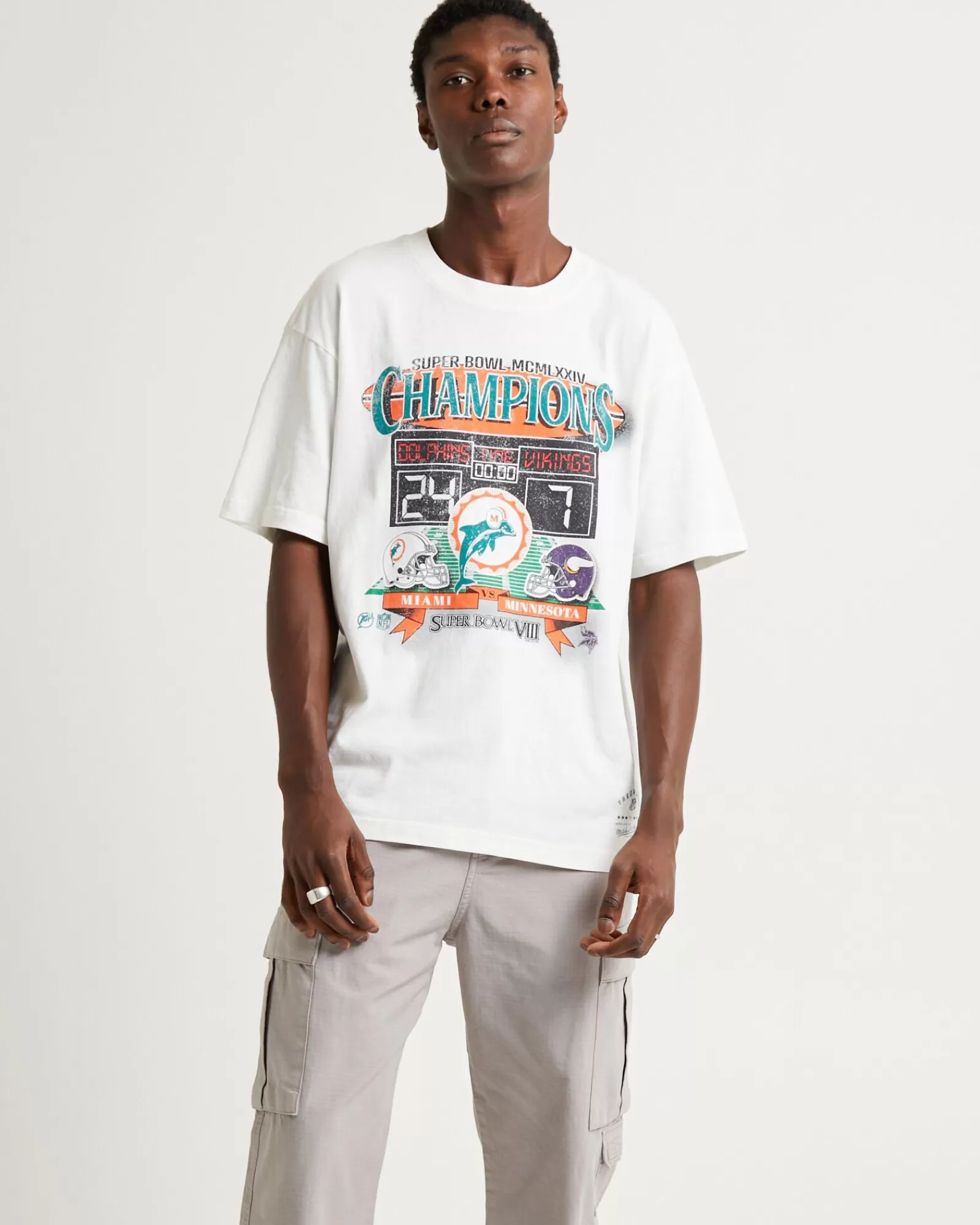 Mitchell & Ness Maglietta Corta Iconica Miami Dolphins - Stile Retrò con Design Classico in Bianco Vintage