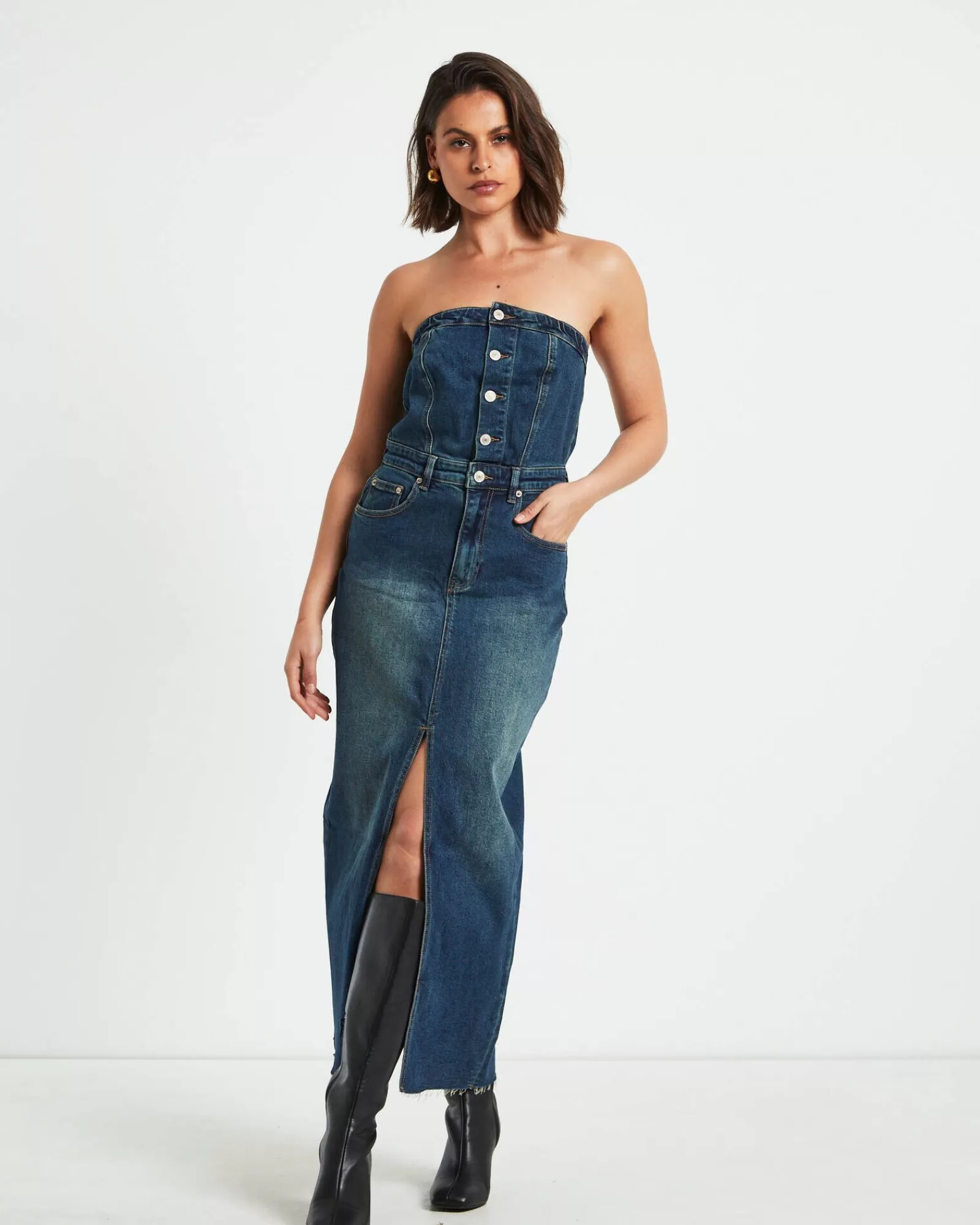 Abito Midigonna Denim Howdy in Blu Antico - Offerta Lampo Stile Casual Chic con Tonalità Vintage