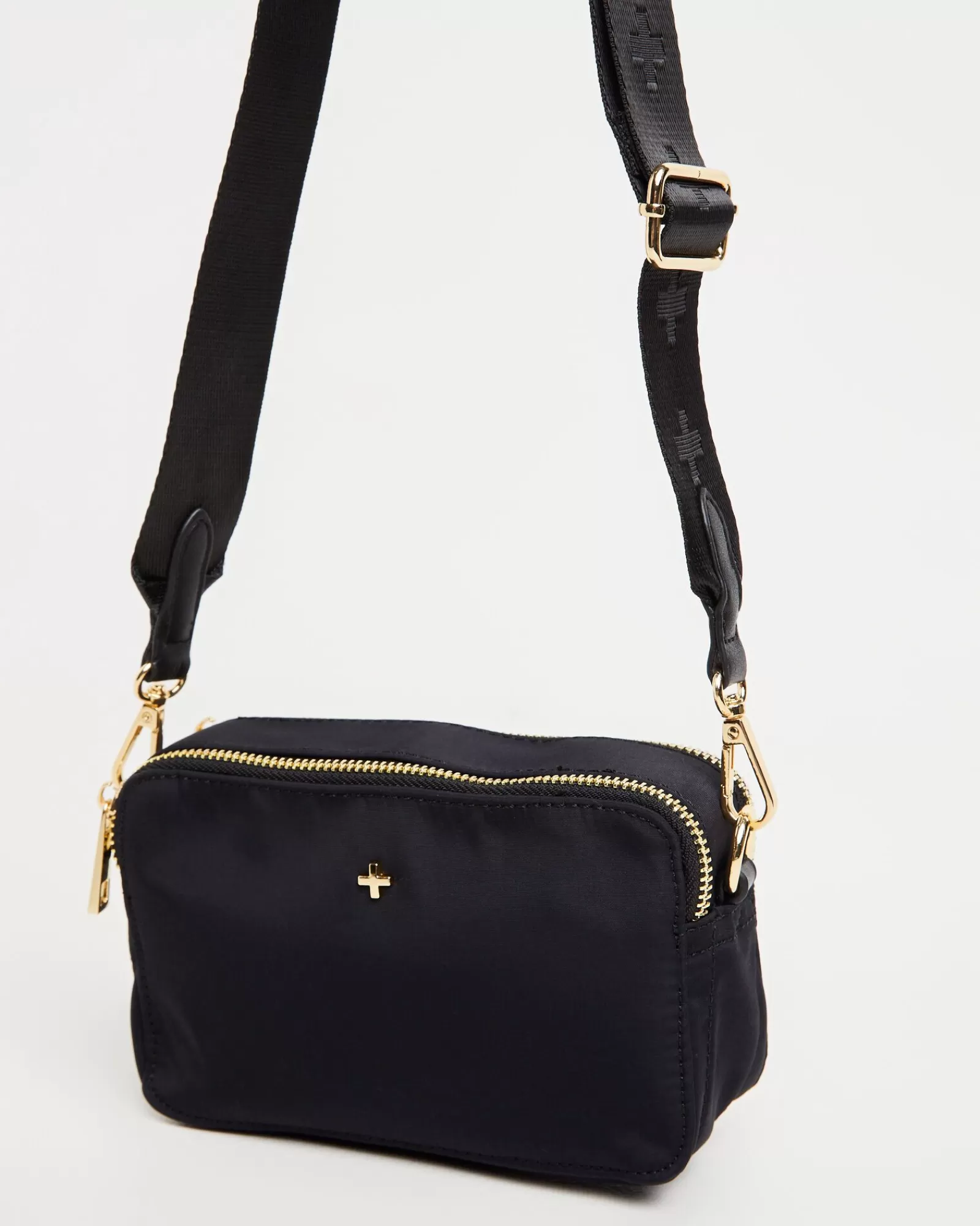Borsa Bandoliera Laroi in Nylon Nero con Dettagli Dorati - Design Essenziale e Pratico by PETA & JAIN