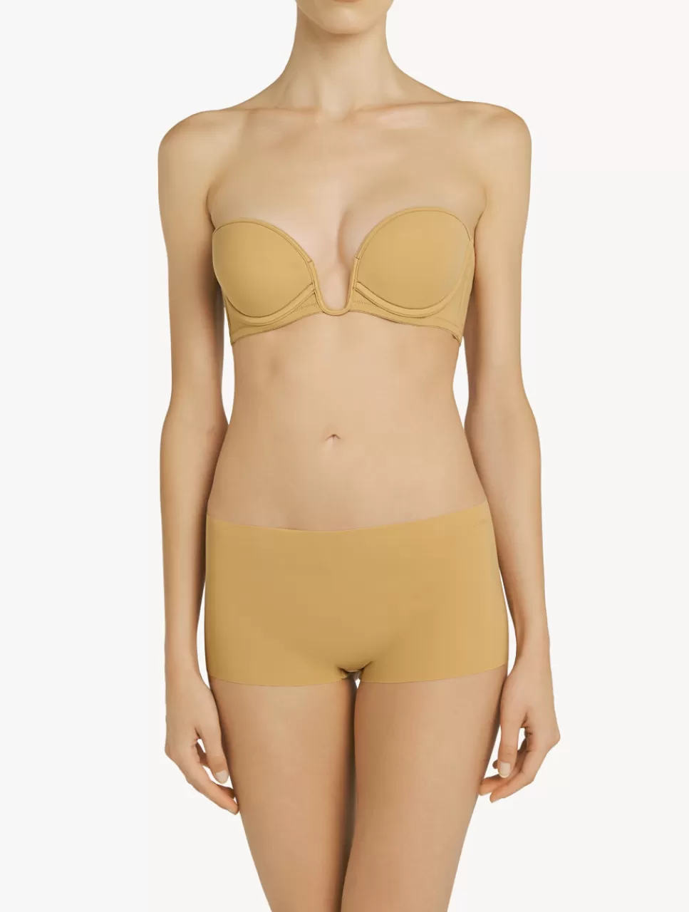 Reggiseno senza spalline in saldo - Modello imbottito con rinforzi, scollo a U e tonalità nocciola morbida