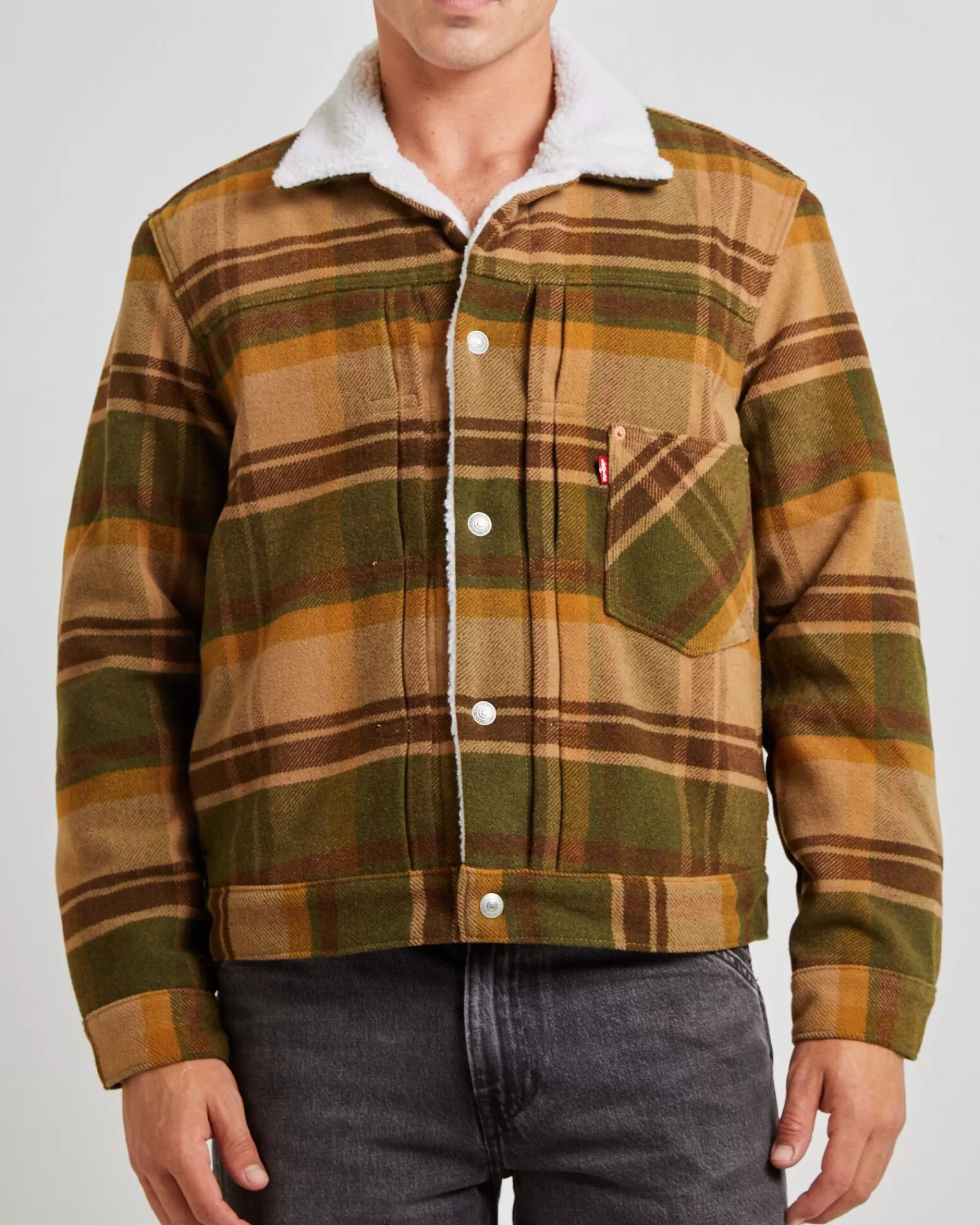 Giacca Trucker LEVIS Modello 1 con rivestimento Sherpa - Quadri Barold in tonalità muschio, perfetta per l'inverno