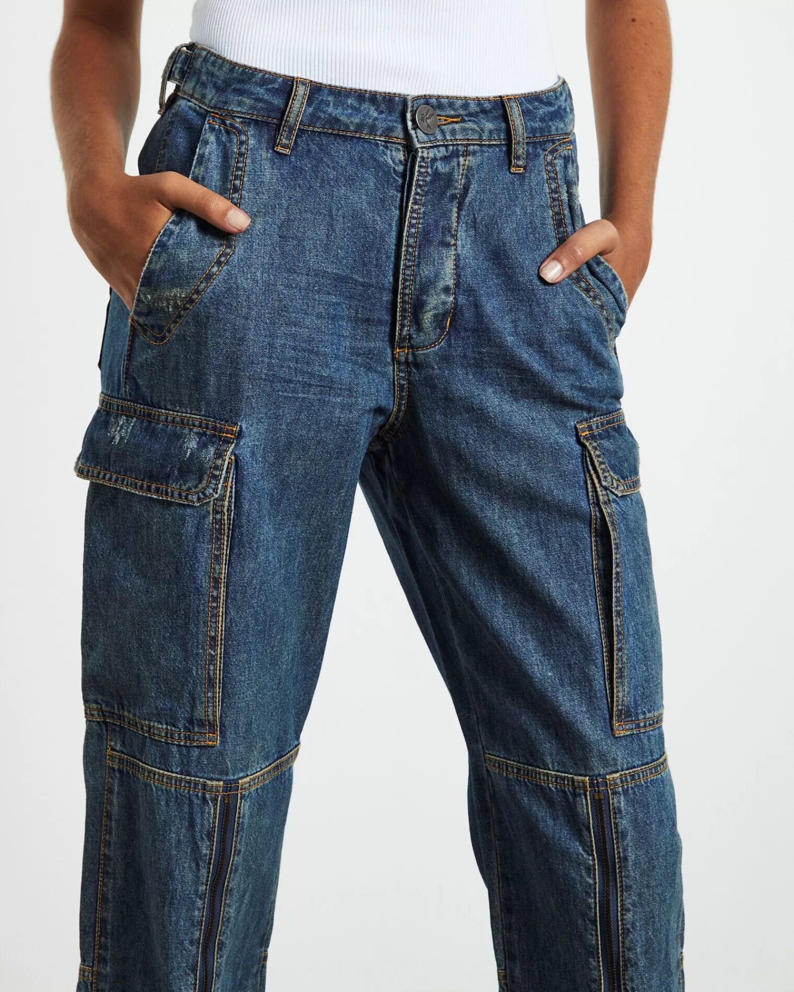 Jeans Cargo ONE TEASPOON con Zip Laterale Blu Scuro Usati - Prezzo Conveniente e Stile Dinamico